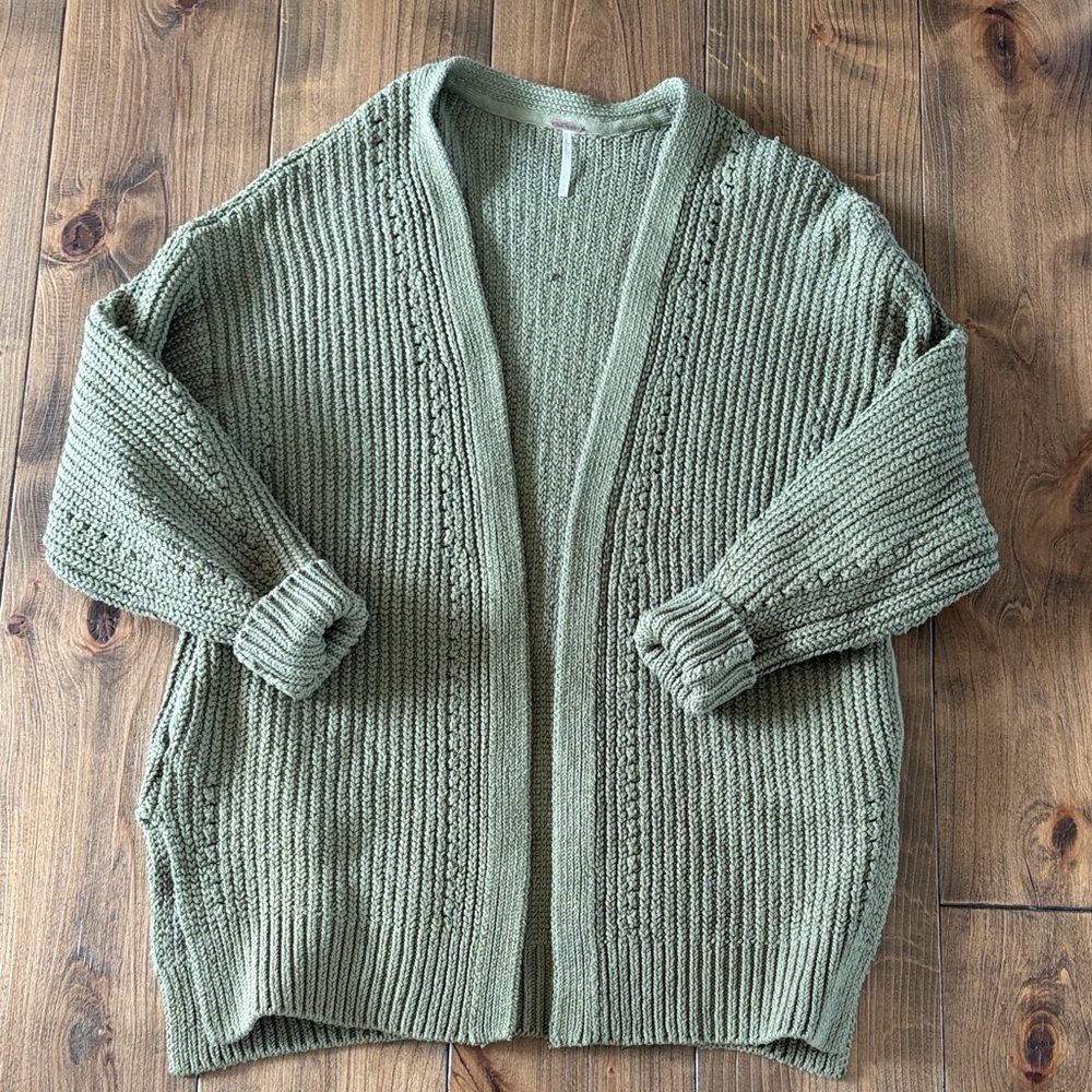 Free People Nightinggale Sweater Green Chunky Knit Open Cardigan Sweater - Women